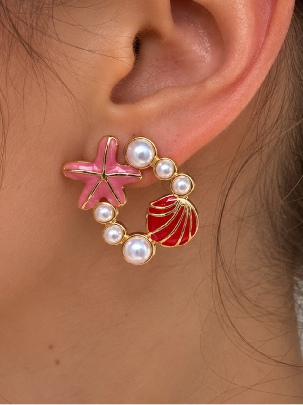 Pink Starfish and Red Shell Pearl Earrings - Women Jewelry